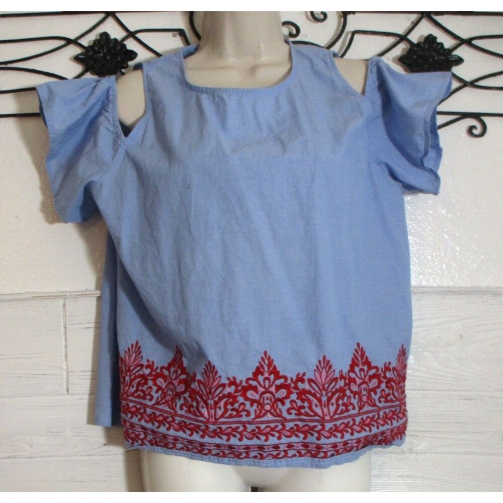 Liberty Love Women's Top Size L Short Slit Sleeve Blue Round Neck Blouse